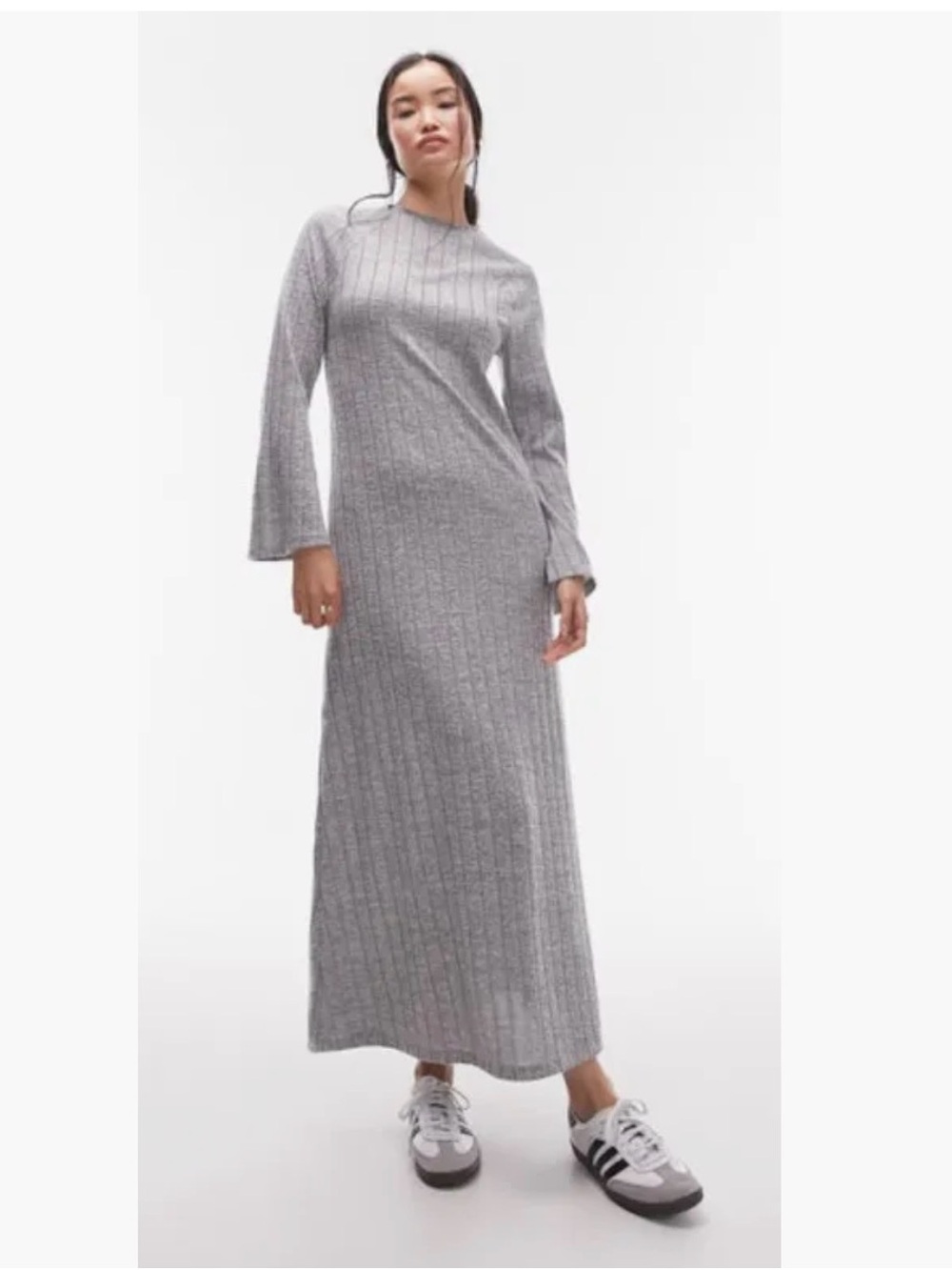 Topshop Gray Ribbed Maxi Dress with Long Sleeves